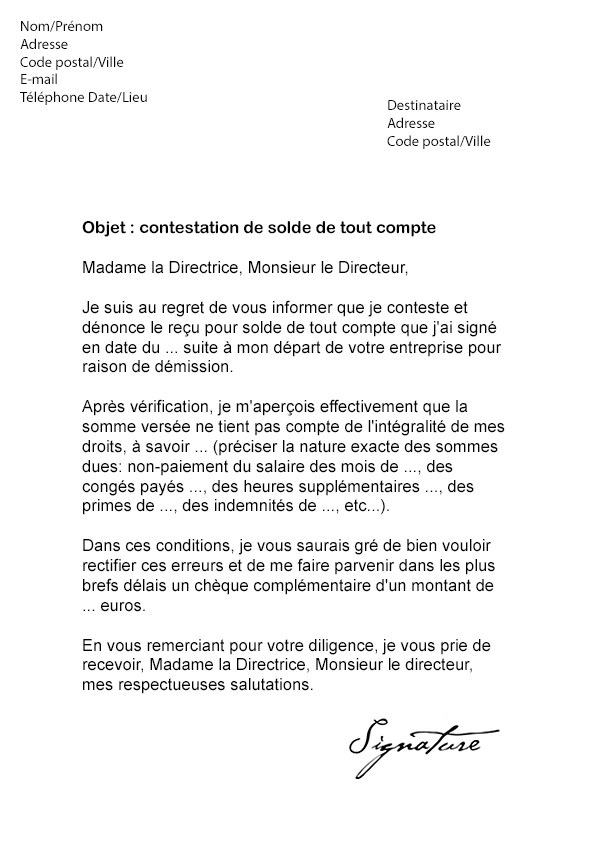 exemple de lettre de contestation gratuit