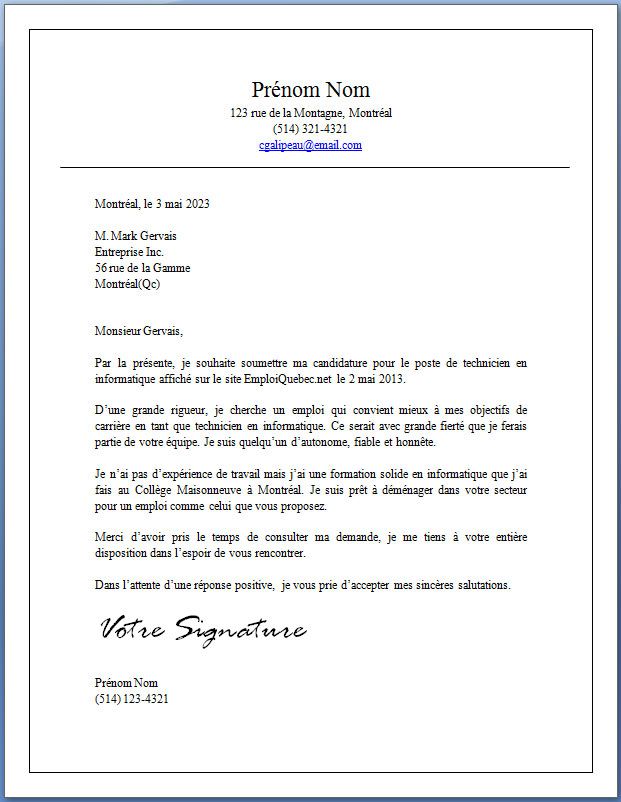 exemple de lettre de demande d'emploi