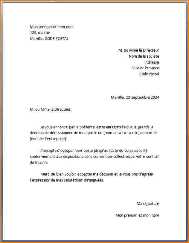 exemple de lettre de demission cdd