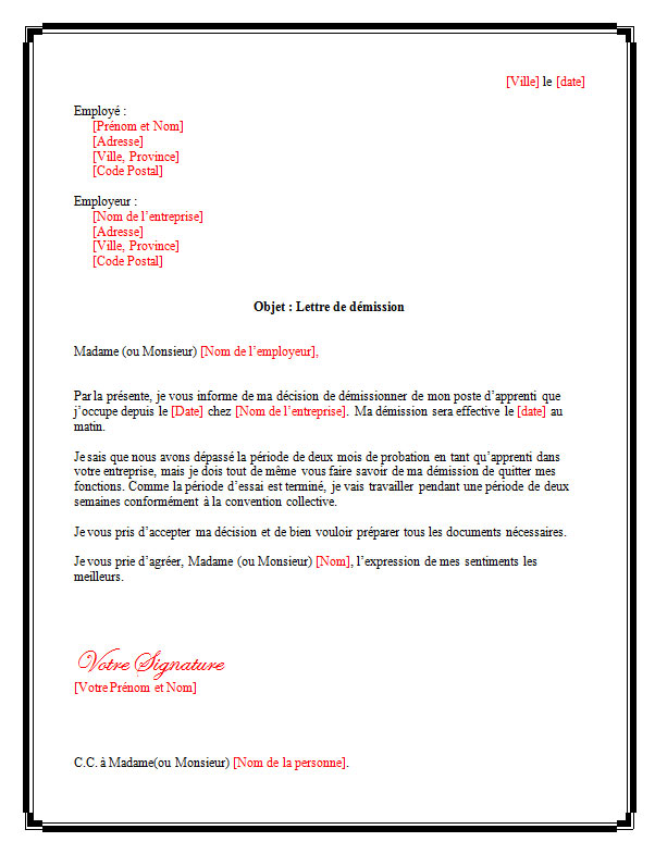 exemple de lettre de demission pendant la periode d'essai