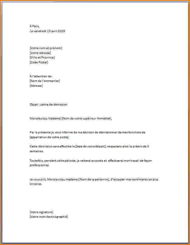 exemple de lettre de demission pour suivi de conjoint