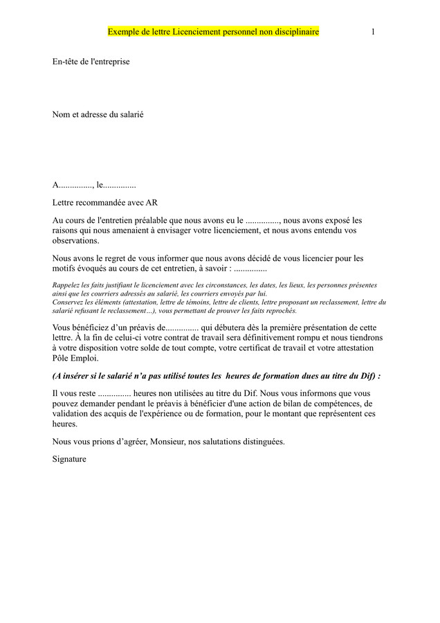 exemple de lettre de licenciement economique