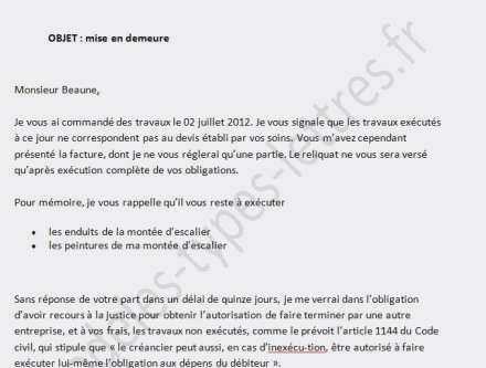 exemple de lettre de mise en demeure pour travaux