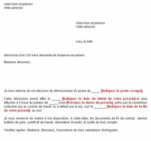 exemple de lettre de preavis d'un mois
