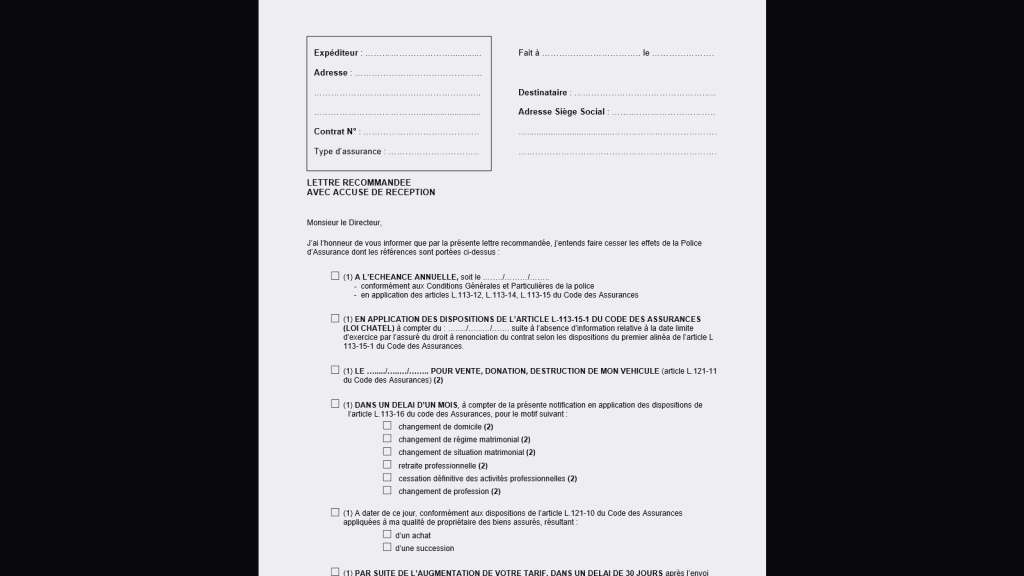 exemple de lettre de resiliation d'un contrat d'assurance