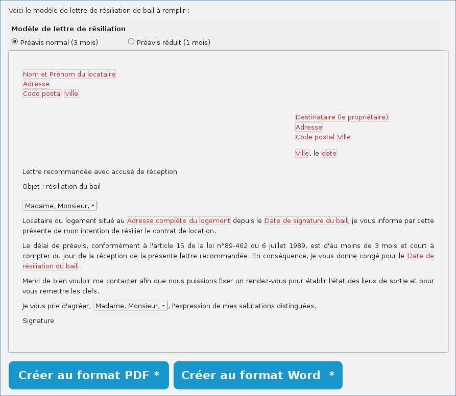 exemple de lettre de resiliation de bail de location