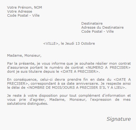 exemple de lettre de resiliation mutuelle