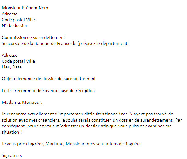 exemple de lettre dossier de surendettement