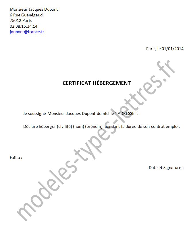 exemple de lettre hebergement