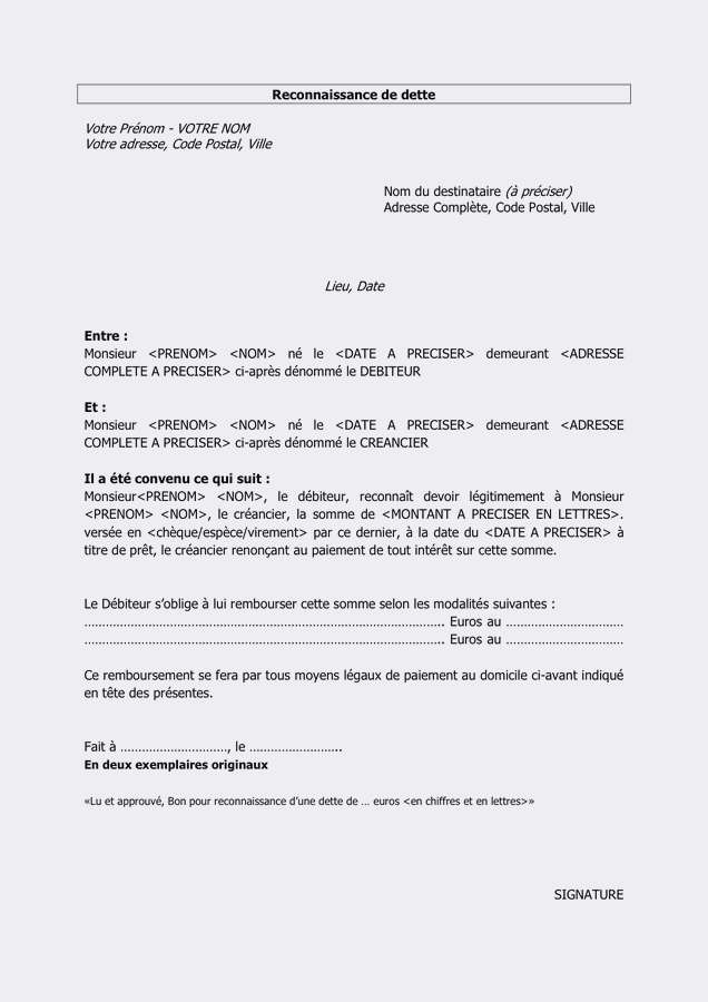exemple de reconnaissance de dette entre particulier gratuit