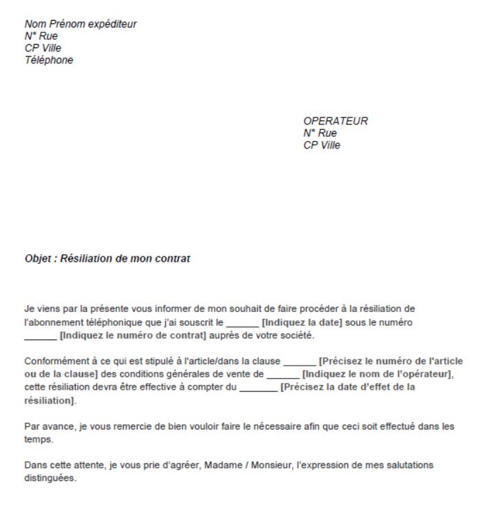exemple de resiliation de contrat internet