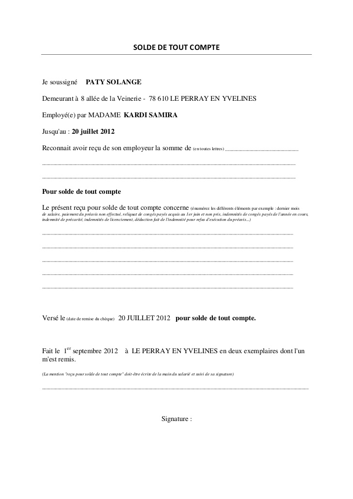 exemple de solde de tout compte cdd