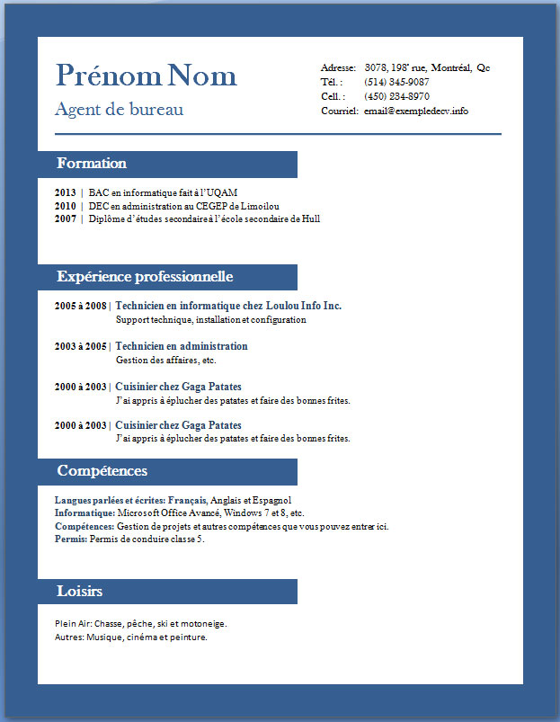 exemple des cv word