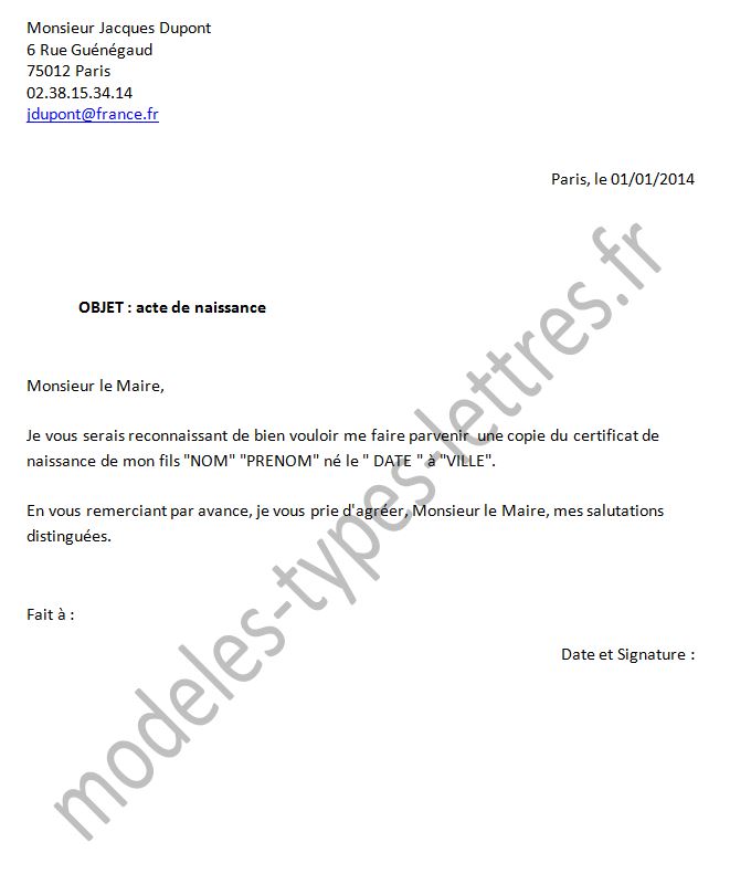 exemple lettre acte de naissance
