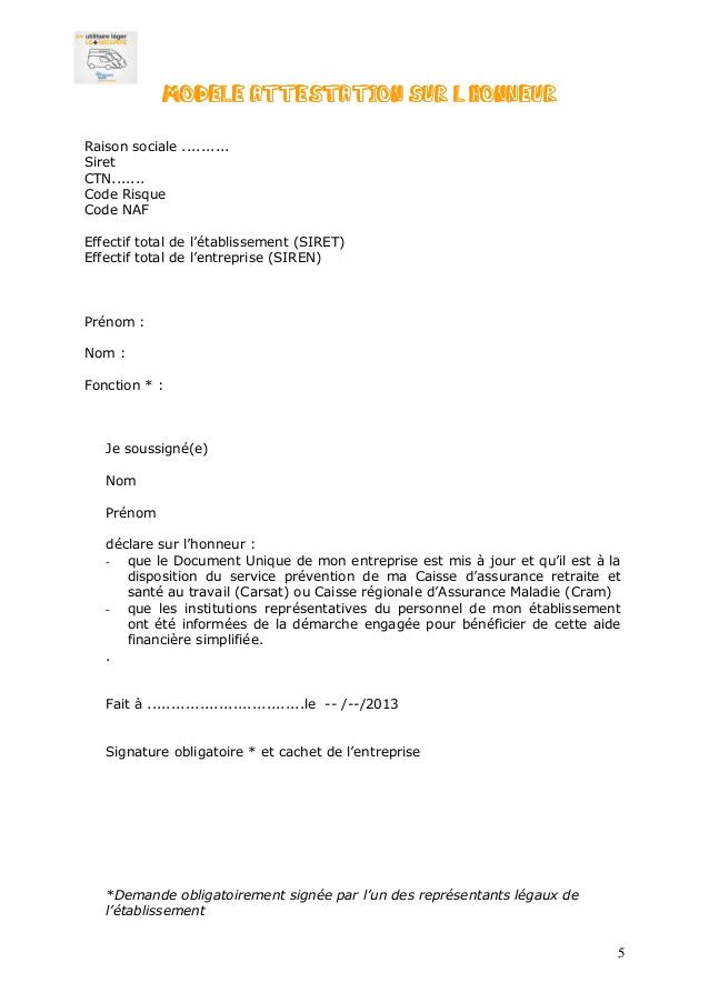 exemple lettre attestation sur l'honneur