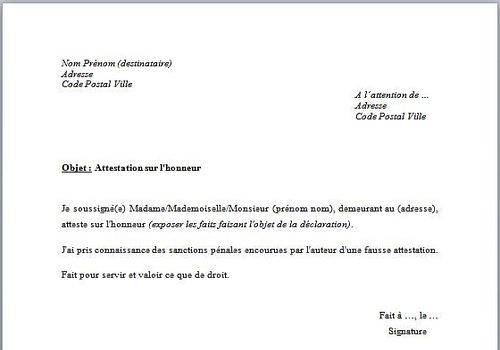 exemple lettre attestation sur l'honneur