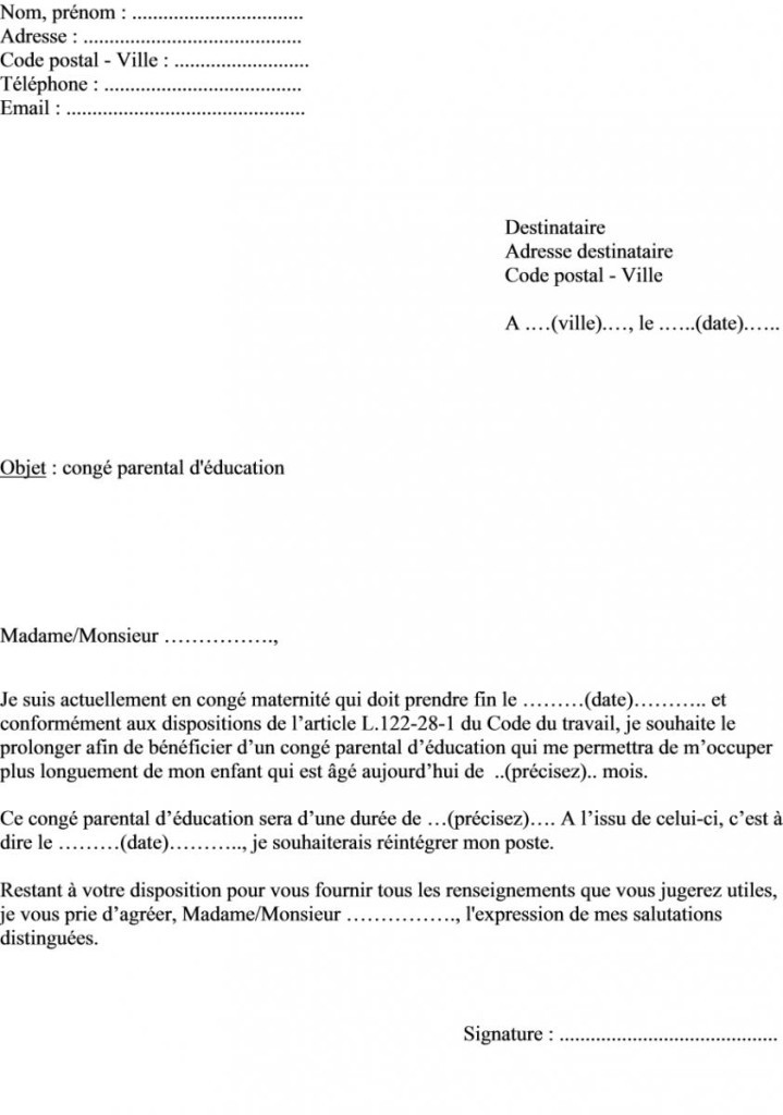 exemple lettre conge parental