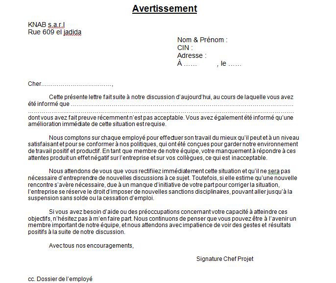 exemple lettre d'avertissement