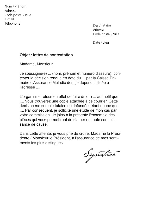 exemple lettre de contestation cpam