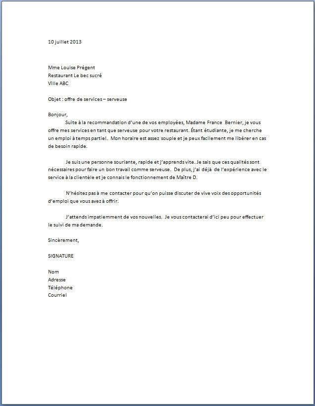 exemple lettre de motivation serveur