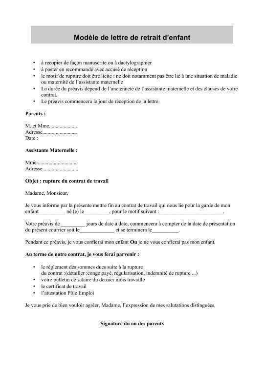 exemple lettre de rupture de contrat assistance maternelle