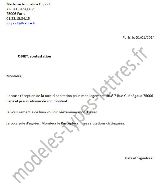 exemple lettre degrevement taxe d'habitation