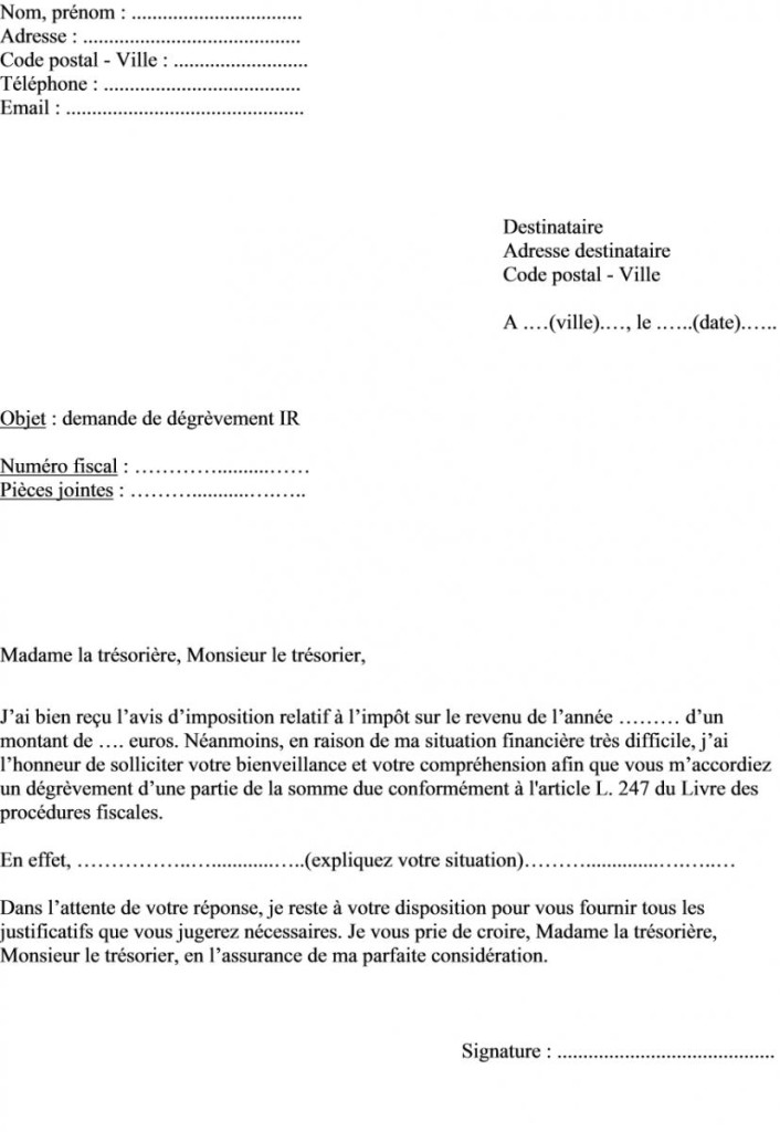 exemple lettre degrevement taxe d'habitation