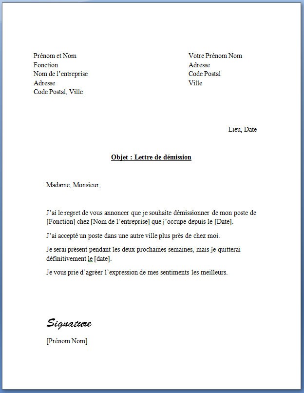 exemple lettre demission cdi