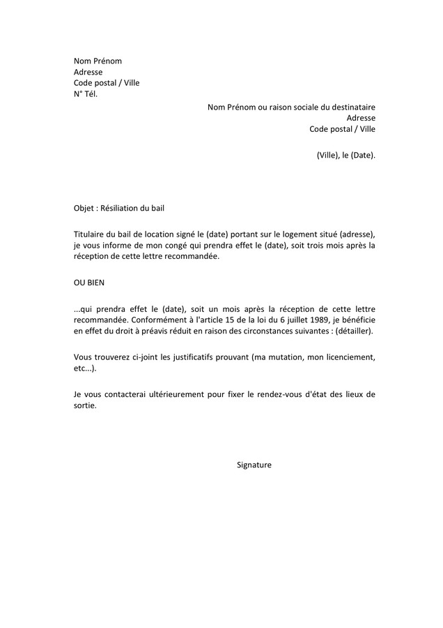 exemple lettre recommandee pour quitter logement