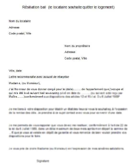 exemple lettre resiliation bail 1 mois