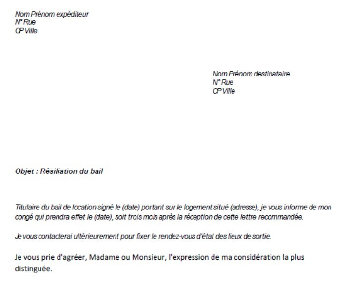exemple lettre resiliation bail gratuit