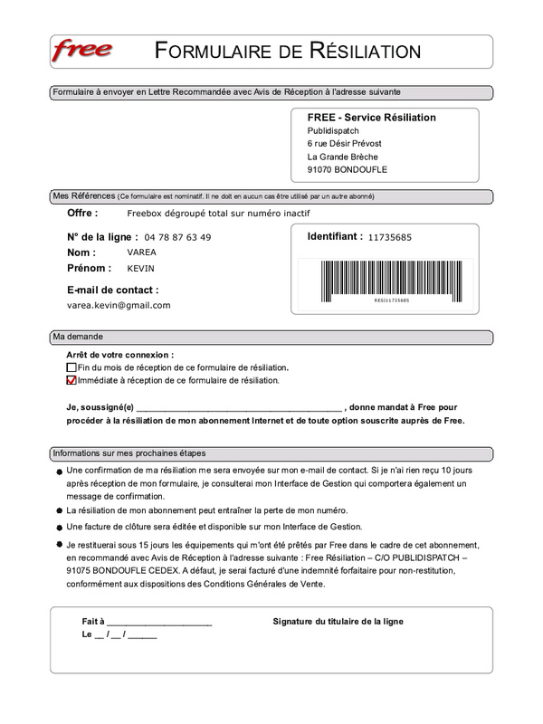 free resiliation lettre