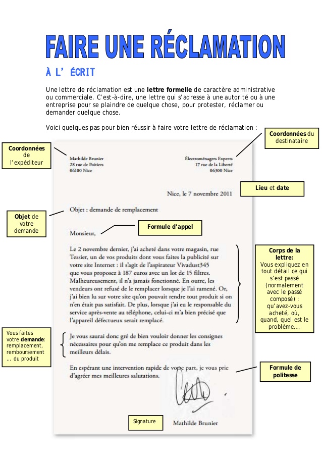 letre de reclamation
