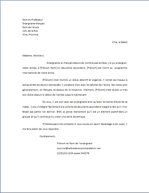 lettre a un proviseur pour changer de classe