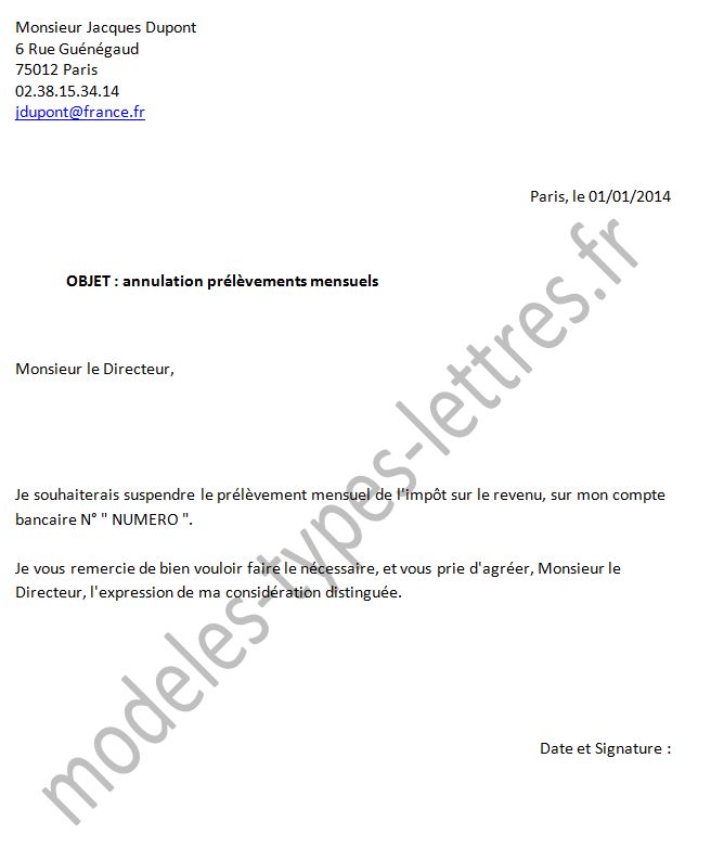 lettre arret de prelevement
