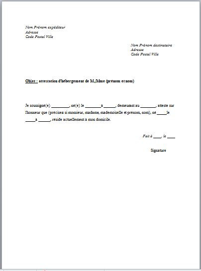 lettre attestant domicile