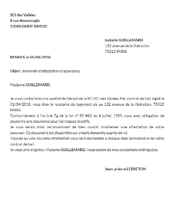 lettre attestation assurance