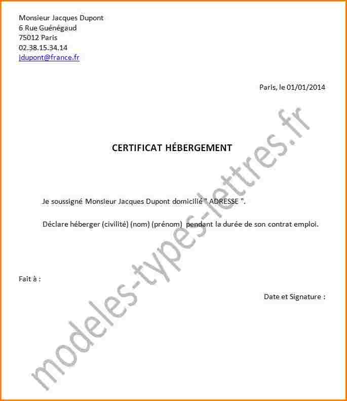 lettre attestation hebergement