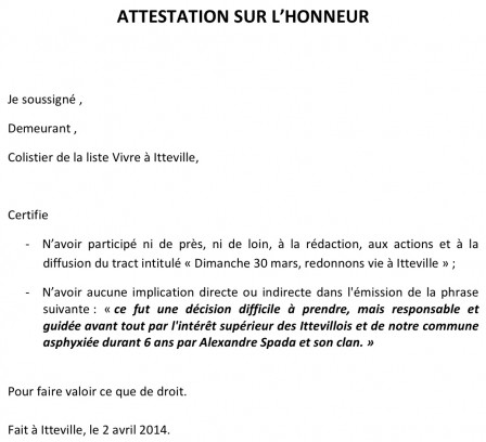 lettre attestation honneur