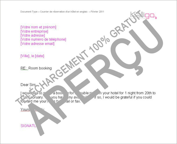 lettre confirmation de reservation
