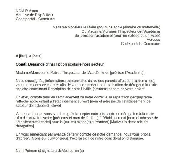 lettre confirmation inscription ecole