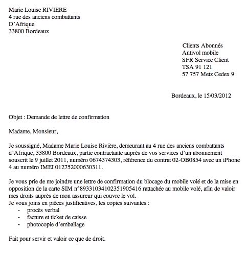 lettre confirmation opposition