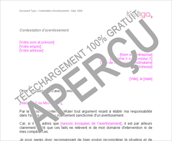 lettre contestation avertissement