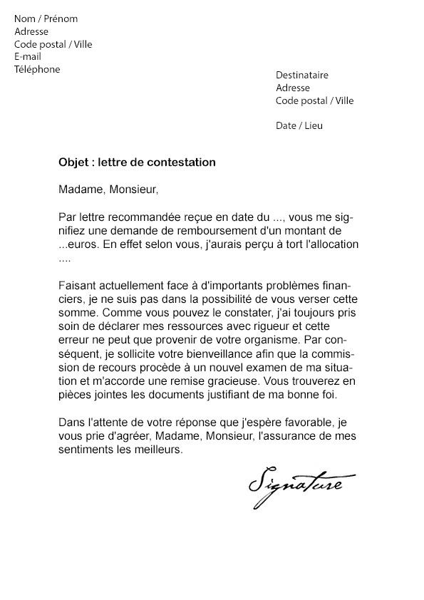 lettre contestation caf