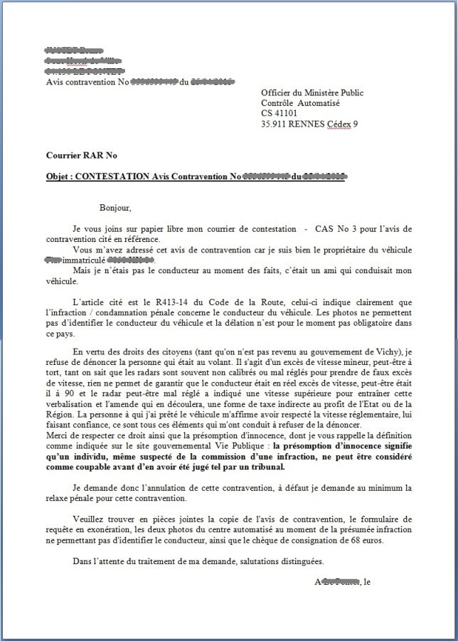 lettre contestation pv exces de vitesse