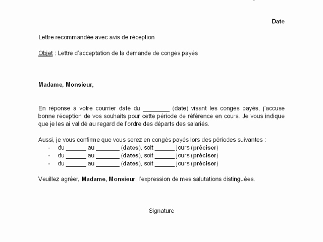 lettre d'acceptation de conge paye