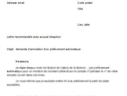 lettre d'annulation de prelevement automatique