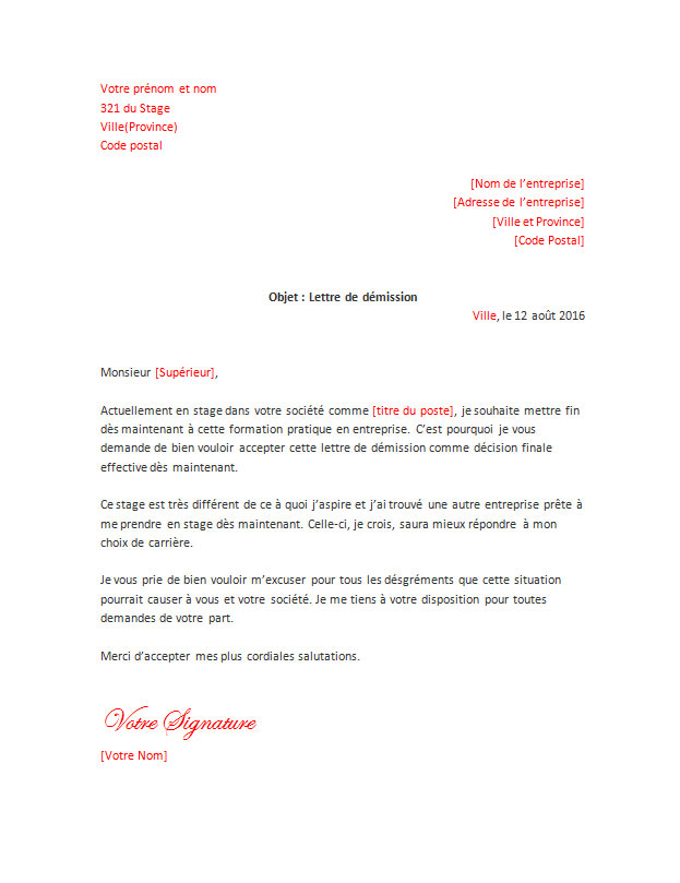lettre d'arret de stage