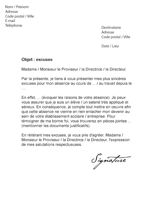 lettre d'excuse pour absence en cours