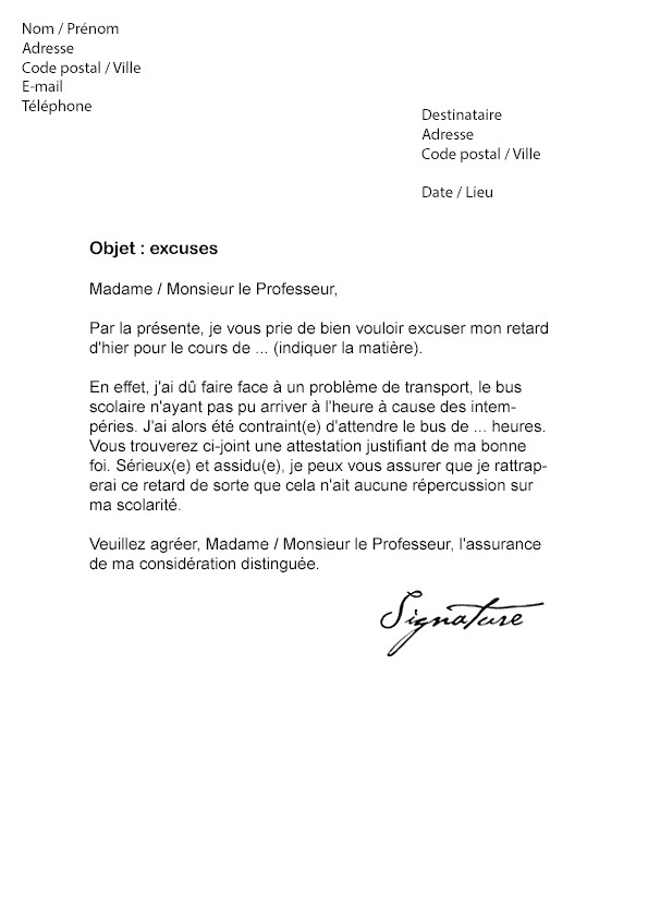lettre d excuse scolaire